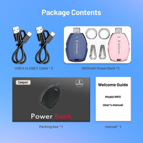 (2-Pack USB C Keychain Portable Charger, 1600mAh Mini Power Bank Ultra-Compact Battery Pack Power Emergency pod for Android Type-C Phones Samsung,...