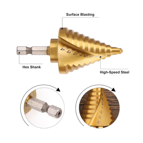 COMOWARE Hex Shank HSS Step Drill Bit with Two Spiral Flutes and Titanium Coating - 10 Step Sizes (1/4” – 1-3/8”) - Ideal for Metal, Stainless Ste...