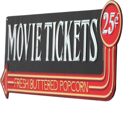 Movie Tickets 25 Cents Embossed Metal Sign - Large Vintage Movie Room Wall Art With Arrow...