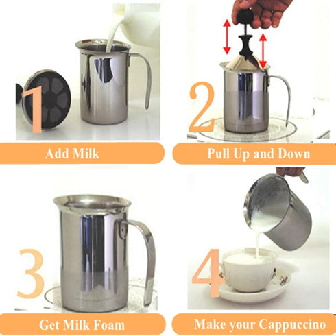 Foam Maker, Stainless Steel Manual Milk Frother, Manual Operated Milk Foam Maker, with Double froth screen, for Cappuccino Coffee Latte Hot Chocol...