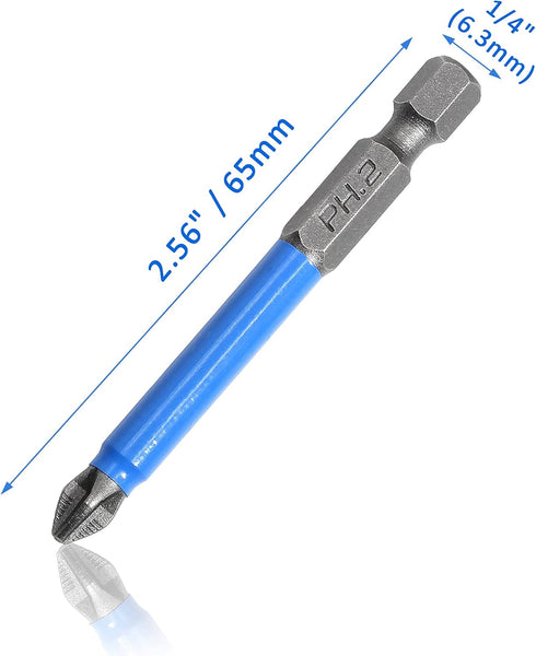 10 Pcs Magnetic Phillips Screwdriver Bit Set 2.56 inch Long, PH2 Phillips Bits Set, Non-Slip Cross Head Electric Screwdriver Bits Set 1/4" Hex Sha...