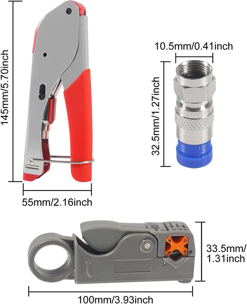 RG6 RG59 Coax Cable Compression Crimper Tool Kit,with 10 pcs Coaxial Compression Fitting Connector,Compression Tool, Coax Cables Stripper for Cabl...