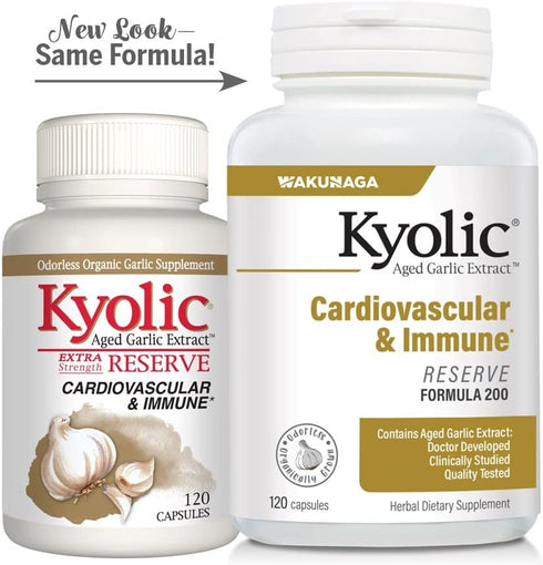 Kyolic Aged Garlic Extract Formula 200, Cardiovascular & Immune, Reserve 120 Capsules (Packaging May Vary)...