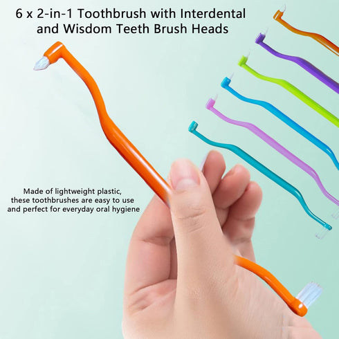 6 Pieces 2-in-1 Toothbrush with Interdental and Wisdom Teeth Brush Heads for Comprehensive Oral Care, Soft Single Interdental Brushes Between Teet...