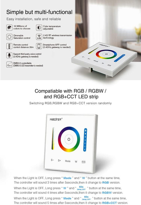 LGIDTECH P3 Miboxer Wall-Mounted Full Touch Panel Controller for 3528 5050 2835 RGB RGBW RGB+CCT Dimmable Color Changing LED Strip Lighting DC 12-...
