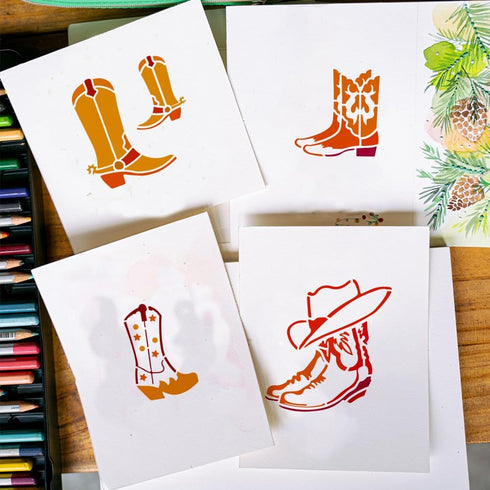 FINGERINSPIRE Cowboy Boots and Hat Painting Stencil 8.3x11.7" Cowgirl Boot with Spur Big Stencil Western Cowboy Themes Stencil Reusable Shoes Spra...