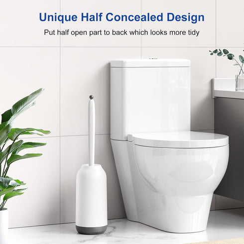 HAMITOR Toilet Bowl Brush Holder Set: Deep Cleaning Silicone Toilet Cleaner Scrubber Under Rim with Curved Bristle for Bathroom Dead Corner Clean ...
