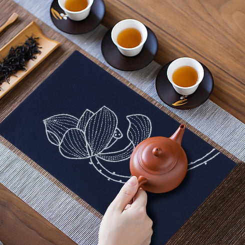 FREEBLOSS Sashiko Tea Mat DIY Sashiko Kit with Instructions Sashiko Kit for Beginners 12.2 * 6.7'' Lotus Sashiko Japanese Needlework Kit for House...