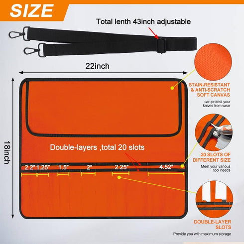 Orange Chef Knife Bag With 20 Slots Cutlery Knives Holders Protectors, Home Kitchen Travel Cooking Tools, Portable Canvas Knife Roll Storage Bag C...