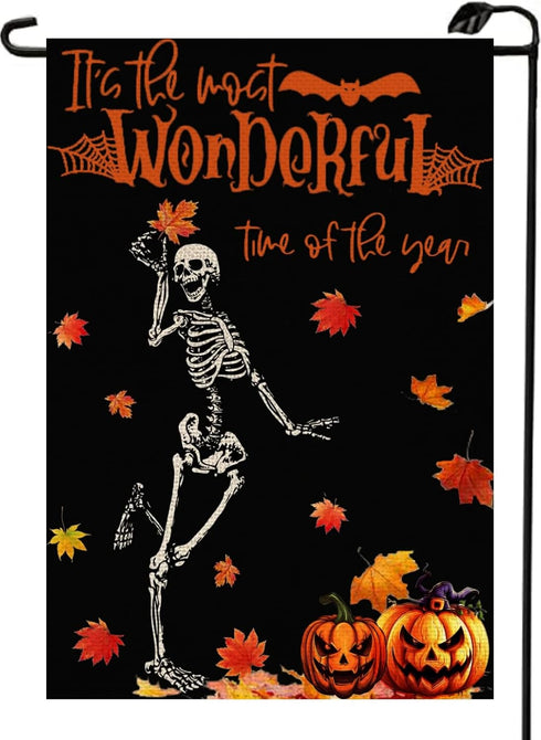 Skeleton Pumpkin Fall Halloween Garden Flag 12x18 Inch Double Sided It’s The Most Wonderful Time Of The Year Autumn Seasonal Maple Leaf Black Pati...