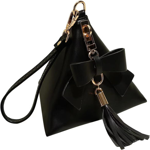 Women Triangle Leather Bow Tassel Charm Evening Wristlet Clutch Purse...