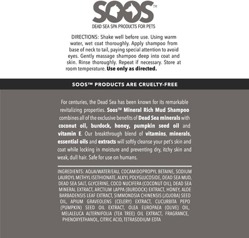 Soos Pet Dog Shampoo for Cats and Pets Mineral Rich Mud Natural Dead Sea Cruelty Free Fast Absorbing Skin Cooling First Aid Antib-acterial and Ant...
