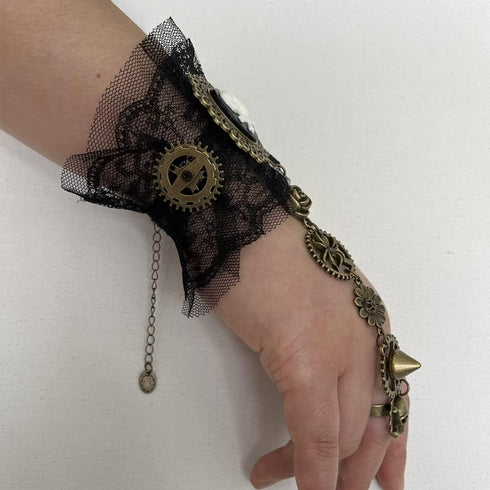 Women Gothic Pirate Skull Steampunk Gear Bracelet Jewelry Accessory Wristband with Finger Ring...