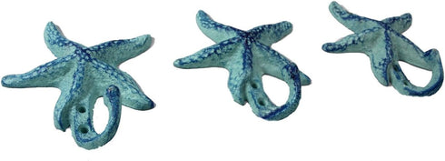 Starfish Cast Iron Wall Hooks Antique Blue - Set of 3 for Coats, Aprons, Hats, Towels, Pot Holders, More...