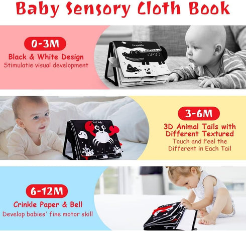 Tummy Time Mirror, Baby Tummy Time Toys with Soft Book, Black and White High Contrast Baby Toys, 3D Activity Sensory Montessori Toys Crawling Mat...