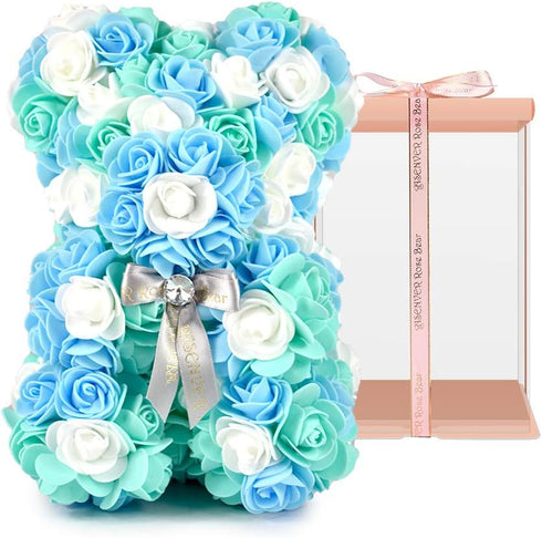 Hand Made Artificial Flowers Rose Bear Pure Color for Valentine Birthday and Mother's Day with a 10" Pink Gift Box (Grey Bow-Tricolor Flower)...