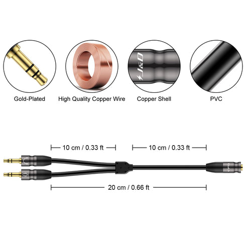 J&D Headphone Splitter 3.5mm Mic Audio Cable, 3.5mm Female to Dual 3.5mm Male Mic Splitter Cable for Cellphone, Headset, PC Durable Copper Shell H...