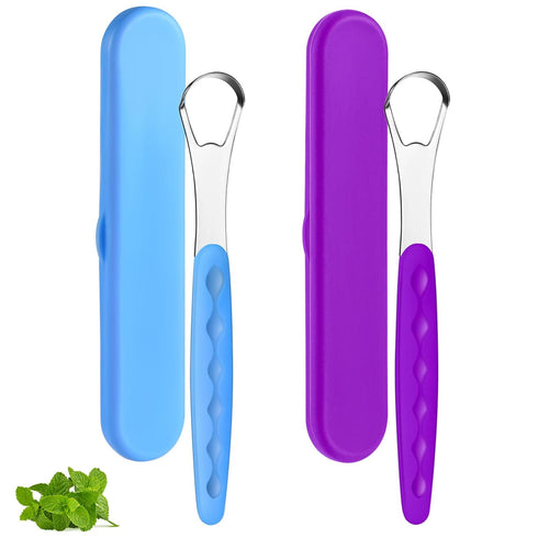 Yinkin 2 Pcs Tongue Scraper for Adults and Kids Cleaner Stainless Steel Tongue Scraper Metal Tongue Brushes Set with Travel Cases for Breath Reduc...
