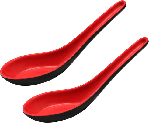 2PCS Asian Soup Spoons, Chinese Japanese Miso Ramen Wonton Dumpling Pho Rice Noodle Soba Soup Spoons, Red and Black Melamine Spoons...