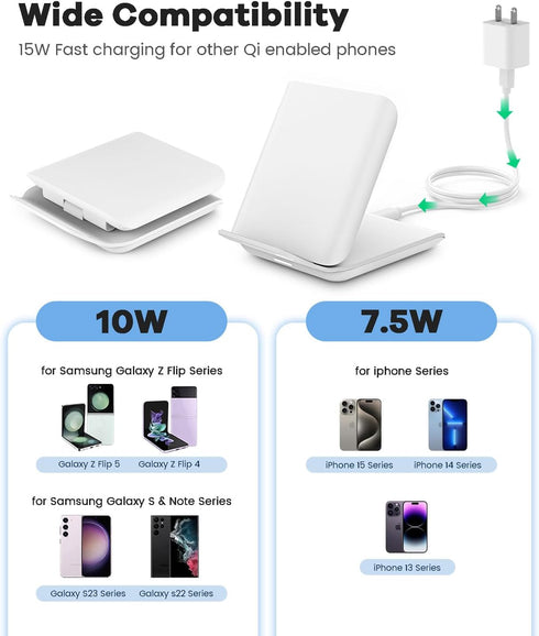 Wireless Samsung Charging Station - 15W Folding Travel for Samsung Galaxy Z Flip 6/5/4 Series, Compatible with iPhone 15/14/13/Pro Series, Adapter...