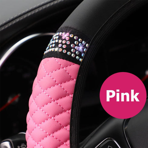 Bling Leather Steering Wheel Cover, Colorful Rhinestones Elastic Steering Wheel Protector, PU Soft Leather with Crystal Diamond, Sparkling Car Acc...