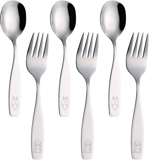 Exzact Children Flatware 6pcs - 3 x Forks, 3 x Spoons - Toddler Utensil Kids Silverware Cutlery Stainless Steel - Dishwasher Safe...