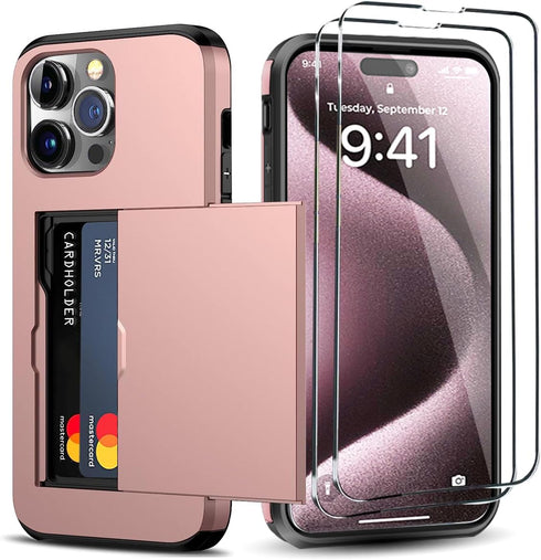 for iPhone 15 Pro Wallet Case with Card Holder + 2 Tempered Glass Screen Protector, Heavy Duty Protective Dual Layer Shockproof Hidden Card Slot S...