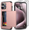 for iPhone 15 Pro Wallet Case with Card Holder + 2 Tempered Glass Screen Protector, Heavy Duty Protective Dual Layer Shockproof Hidden Card Slot S...