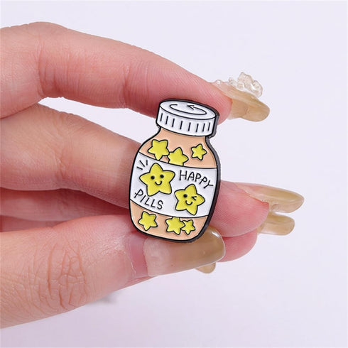 Cartoon Stars Happy Pill Brooch Bottle Enamel Pin Take Care Pill Bottle Enamel Pin Set Love Pill It's OK If You Need Meds Every Day Brooch Badge C...