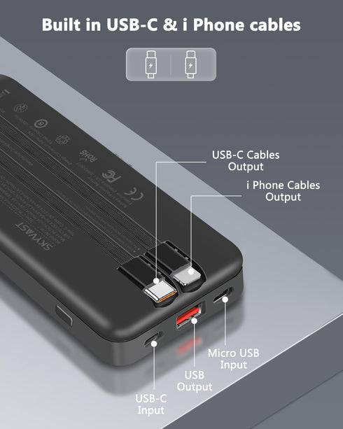 Portable Charger, 10000mAh Power Bank with 2 Built-in Cables, 22.5W Fast Charging with Screen, Travel Battery Pack for i Phone, i Pad, Samsung, Go...