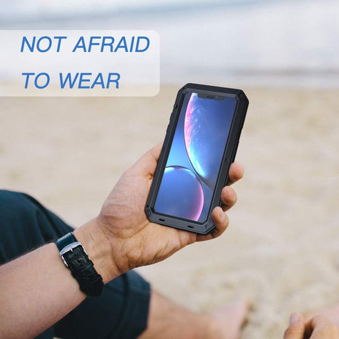 Lanhiem iPhone XR Metal Case, Heavy Duty Shockproof Case with Built-in Glass Screen Protector, Rugged Full Body Protective Cover, Black...