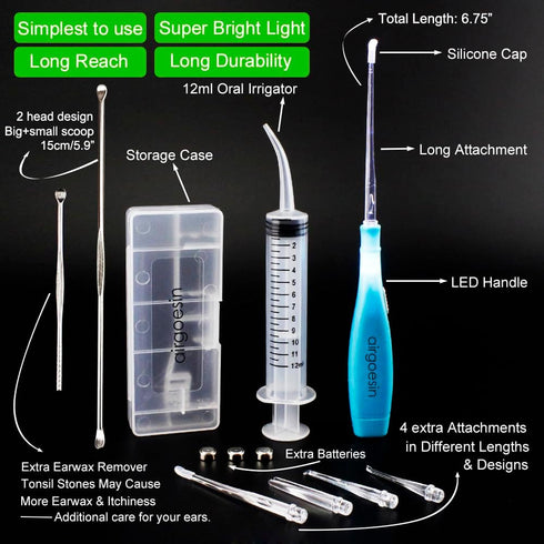 Airgoesin Upgraded 2 Lighted Tonsil Stone Remove Tool Tonsillolith Pick + Irrigation Clean Syringe Fresh Breath Oral Rinse...