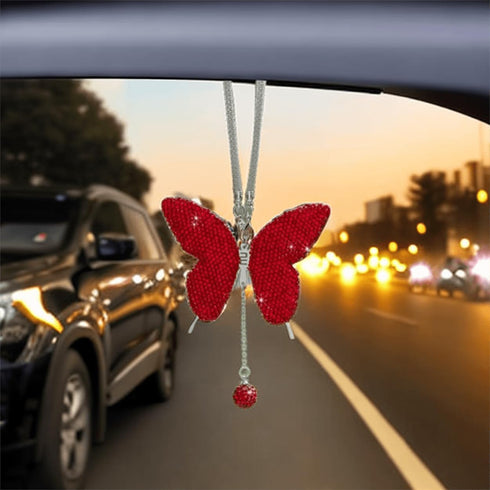Car Mirror Hanging Accessories with Crystal Butterfly Design Bless Your Drive with Prosperity for Safe Wealthy & Happy Travels (Red)...