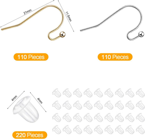 220 Pieces French Earring Hooks Ear Wire Ball Dots in Gold and Silver with 220 Pieces Clear Earring Backs Kit for Jewelry Making Bag Gift...