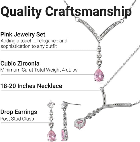 SHOP LC Bridesmaid Pink Jewelry Set for Women Earrings Necklace Cubic Zirconia CZ Platinum Plated Wedding Gifts for Women 18" Birthday Gifts...