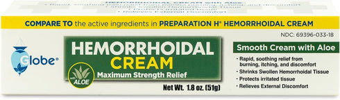 Globe (2 Pack) Hemorrhoid Cream, Relief with Aloe, (1.8 Ounce Tube) Relief from Hemorrhoids, Piles, Itching, Burning, Discomfort, & More...