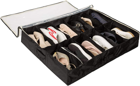 Surblue Under Bed Shoe Storage Organizer Underbed Shoes Closet Storage Solution 2 Metal zippers and 3 Handles with Clear Cover for Men's and Women...