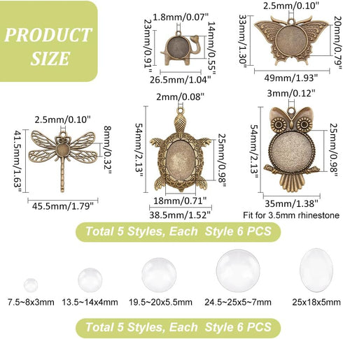 PH PandaHall 60pcs Pendant Trays Kit 30pcs 5 Styles Bronze Blank Pendant Owl Turtle Pendant Bezel, 30pcs Clear Glass Cabochon Dome Settings for DI...