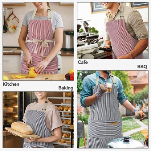 NLUS 2 Pack Kitchen Cooking Aprons, Adjustable Bib Soft Chef Apron with 2 Pockets for Men Women (Blue Pinstripes/Pink Pinstripes)...