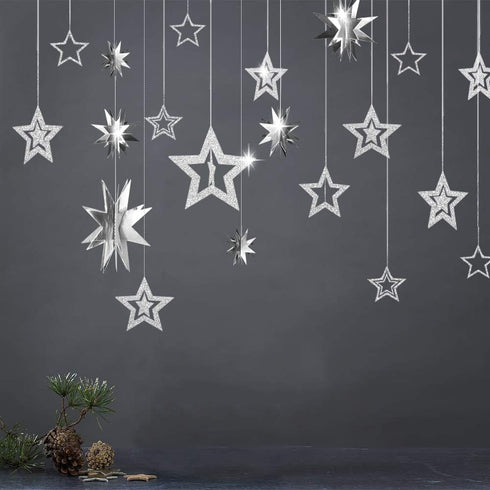 Glitter Silver Star Garlands Kit Metallic 3D Star Hanging Paper Garland Multi-shaped Twinkle Star Birthday Party supplies Wedding Baby Shower Chri...