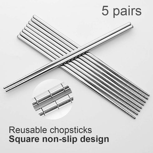 Stainless Steel Chopsticks 5 Pairs Reusable Multicolor Lightweight 304 Metal Chopsticks Square Lightweight Non-Slip Chop Sticks Dishwasher Safe Gi...