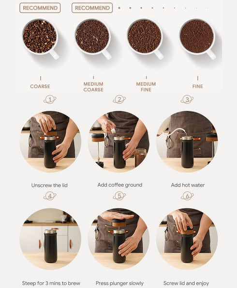 Classic Portable French Press Coffee Mug 12 oz with Carry Loop, Stainless Steel French Press Coffee Maker, BPA Free Great for Camping and Travel...