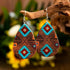 Western Cowboy Earrings Set Boho Aztec Pattern Leather Earrings for Women Boho Vintage Handmade Bohemian Turquoise Jewelry Cow Print Leather Teard...