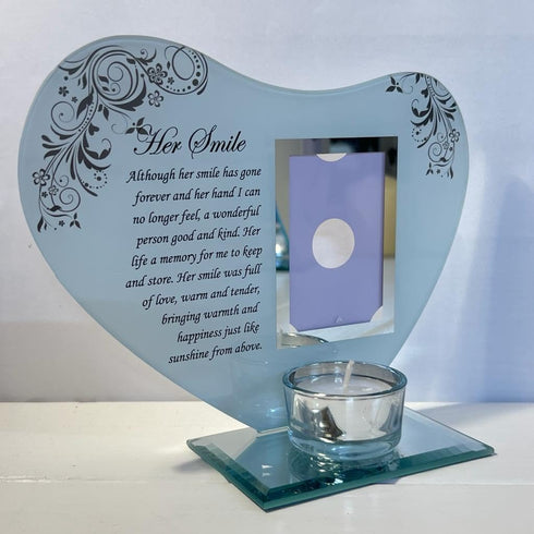 Her Smile - Inspirational Poem, Candle and Photo Holder Glass Memorial Plaque...