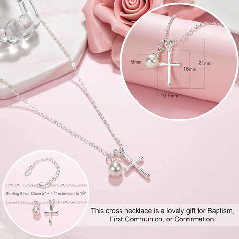 Sterling Silver Cross Necklace for Girls - First Communion, Baptism, Confirmation Gifts for Teenage Girl, Little Girls Jewelry with Pearl, Easter ...