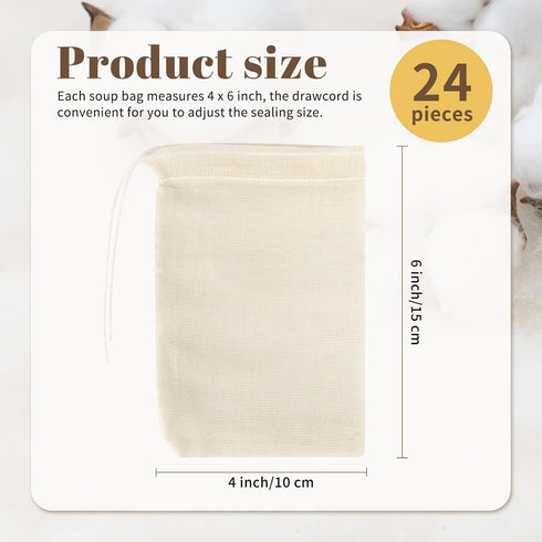 24 Pieces Reusable Tea Filter Bags 4 x 6 Inch, Natural Muslin Drawstring Bags for Loose Leaf Tea, Spice, Cooking Soup & Bone Broth - Fine Mesh Str...