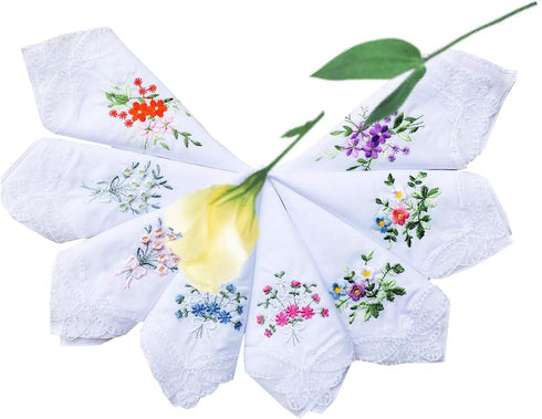 LACS Womens Embroidered Floral Cotton Lace Handkerchiefs White Hankies Pack...