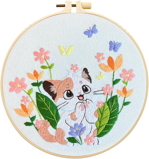 Meecaa Cat Flowers Animals Butterfly Embroidery Kit Starter Set, Hand Embroidery Set,Pattern Printed Cross Stitch Set for Beginner Adults, with Em...