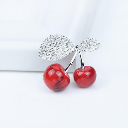 Red Stone Cherry Brooch Pin Green Cubic Zirconia Leaf Fruit Lapel Pin for Women Party Weddings Banquet Jewelry Pins...