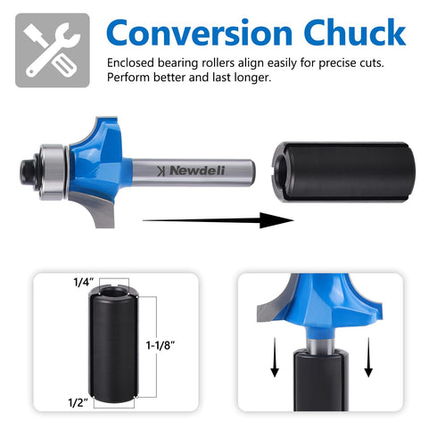 Newdeli 5pcs Roundover Router Bit Set 1/4 inch Shank, Radius 1/8", 3/16", 1/4", 5/16", 3/8"?Bearing Guide for Rounding Edge bits with 1/2" to 1/4"...